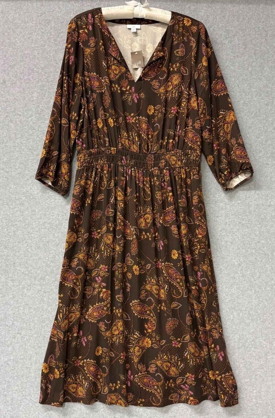 J.Jill Floral Paisley Smocked Swing Midi Dress LBrown Lenzing Ecovero Large NWT